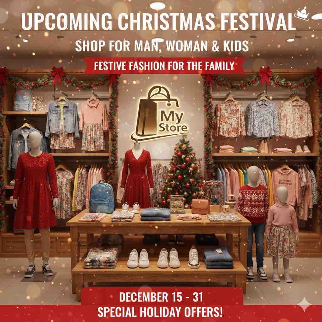 ๐ UPCOMING CHRISTMAS FESTIVAL AT MY STORE! ๐
Shop festive fashion for Man, Woman & Kids
๐ Sparkly dresses | ๐ Cozy sweaters | ๐ Denim delights
๐ Trendy shoes | ๐ Cute bags
๐ December 15 โ 31
โจ SPECIAL HOLIDAY OFFERS!
๐ Flat 30% OFF on all festive wear
๐ Buy 2, Get 1 FREE on kidsโ collection
๐ Free gift wrapping with every purchase
Bring the family. Dress the joy! ๐
๐ Shop in-store or Place an online order!